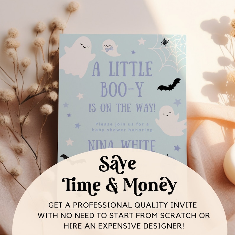Pastel Blue Ghost Baby Shower Invitation Template, A Little Boo-y is on the Way, Halloween Invite, Boy Sprinkle, Editable Digital Download image 7