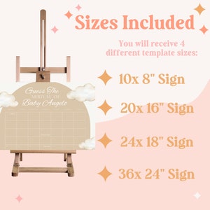 K&ouml;nnte beinhalten: Ein druckbares Babyparty-Schild mit beigefarbenem Hintergrund und einem Wolken-Design. Das Schild lautet "Erraten Sie die Ankunft von Baby Angelo" und enth&auml;lt einen Kalender, auf dem die G&auml;ste das Geburtsdatum des Babys erraten k&ouml;nnen. Das Schild ist in vier Gr&ouml;&szlig;en erh&auml;ltlich: 10x8 Zoll, 20x16 Zoll, 24x18 Zoll und 36x24 Zoll.