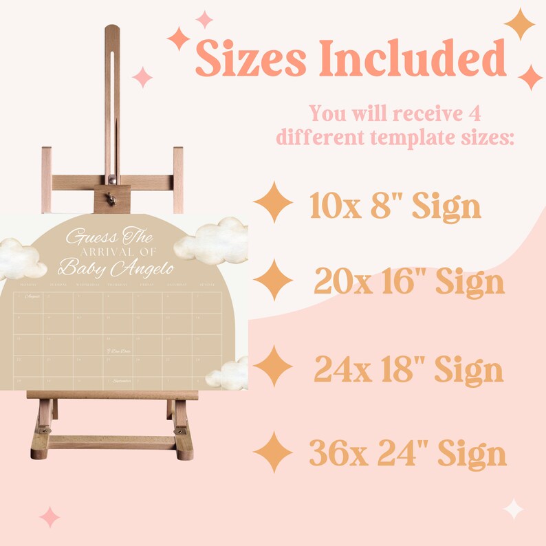 K&ouml;nnte beinhalten: Ein druckbares Babyparty-Schild mit beigefarbenem Hintergrund und einem Wolken-Design. Das Schild lautet "Erraten Sie die Ankunft von Baby Angelo" und enth&auml;lt einen Kalender, auf dem die G&auml;ste das Geburtsdatum des Babys erraten k&ouml;nnen. Das Schild ist in vier Gr&ouml;&szlig;en erh&auml;ltlich: 10x8 Zoll, 20x16 Zoll, 24x18 Zoll und 36x24 Zoll.