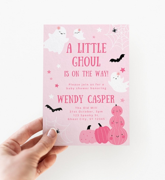 Pastel Pink Ghost Baby Shower Invitation Template, A Little Ghoul is on the Way, Halloween Invite, Girl Sprinkle, Editable Digital Download