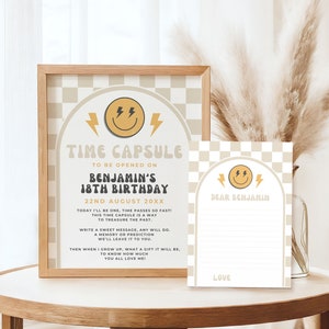 One Happy Dude Birthday Time Capsule Schild und Karten, Beige Smile Party Andenken, bearbeitbare Vorlage, One Cool Dude Theme, Gastbotschaftskarten