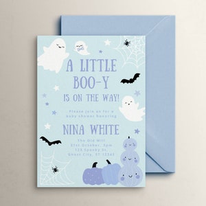 Pastel Blue Ghost Baby Shower Invitation Template, A Little Boo-y is on the Way, Halloween Invite, Boy Sprinkle, Editable Digital Download image 3