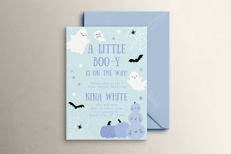 Pastel Blue Ghost Baby Shower Invitation Template, A Little Boo-y is on the Way, Halloween Invite, Boy Sprinkle, Editable Digital Download image 3