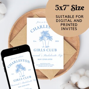 May include: A digital invitation for a bachelorette party in Charleston, South Carolina. The invitation features a blue and white illustration of palm trees and the text "Girls Club" and "Savannah's Bachelorette Trip".