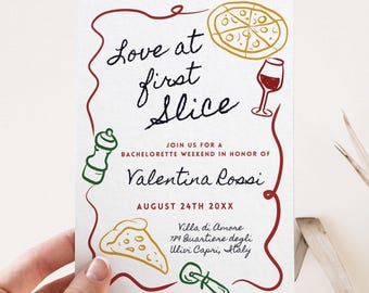 Sjabloon uitnodiging pizza vrijgezellenfeest, bewerkbare uitnodiging, liefde op het eerste plak thema, handgetekende esthetiek, reisroute Italiaanse meisjes