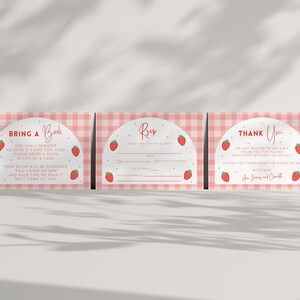 May include: Three pink and white gingham patterned cards with a strawberry theme. The first card says "Bring a Book" and has a red arch with the text "One small request, we hope it's not too hard, please bring a book in lieu of a card. Your book will be cherished well loved or new and each time we read it we'll think of you." The second card says "RSVP" and has a red arch with the text "Kindly RSVP by May 1st, 2023." The third card says "Thank You" and has a red arch with the text "We just wanted to say a big thank you for making Reid's first birthday so special. Having you there meant the world to us. With love, Jay, Jenny and Charlotte."
