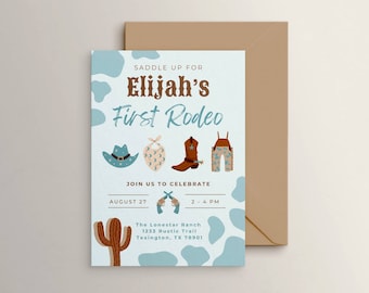 Blaue erste Rodeo Geburtstagseinladung, Jungen 1st Party einladen, Cowboy Thema, Wilder Westen Country Party, bearbeitbare Vorlage, digitaler Download