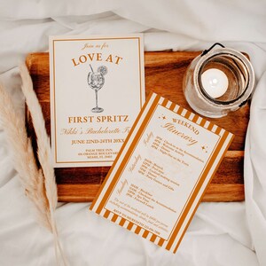 May include: A weekend itinerary for a bachelorette party with the theme "Love at First Spritz". The itinerary includes activities like welcome drinks, brunch, a cocktail party, and a night out on the town. The event will take place at the Palm Tree Inn in Miami, Florida.