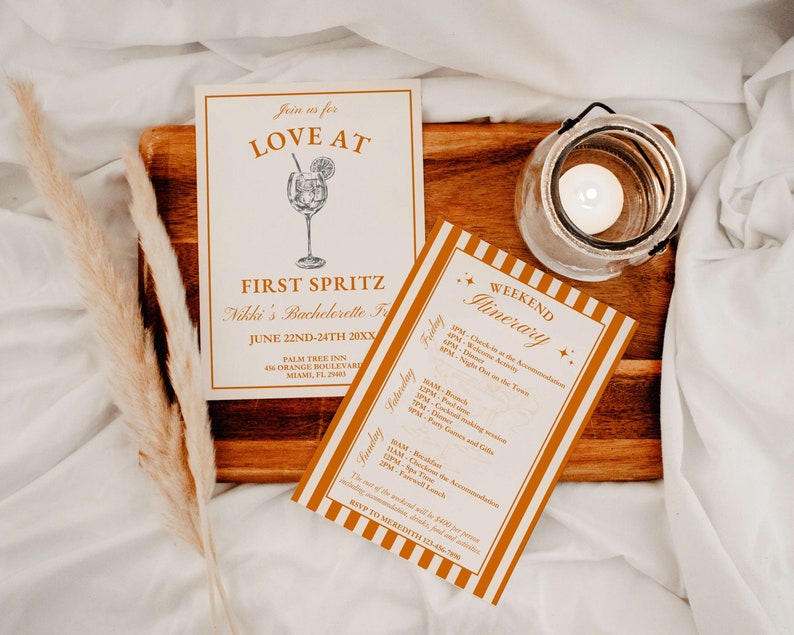 May include: A weekend itinerary for a bachelorette party with the theme "Love at First Spritz". The itinerary includes activities like welcome drinks, brunch, a cocktail party, and a night out on the town. The event will take place at the Palm Tree Inn in Miami, Florida.