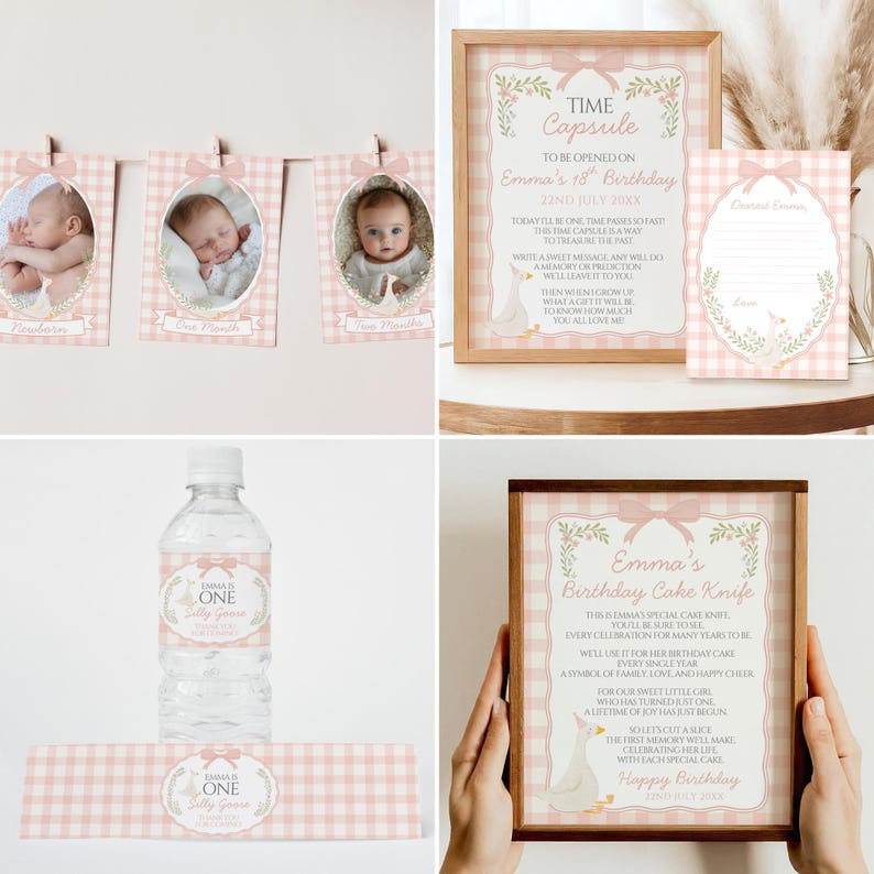 May include: A collection of pink and white gingham-patterned party decorations for a baby's first birthday. Includes framed signs, a water bottle, and a banner with baby photos. The signs have text that reads "Time Capsule" and "Emma's Birthday Cake Knife".