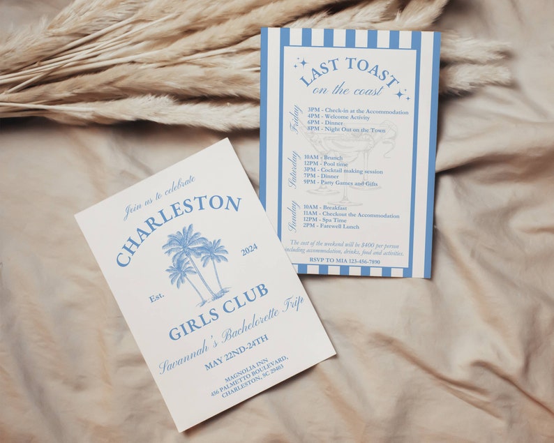 May include: A white invitation card with blue text for a bachelorette party in Charleston, South Carolina. The invitation features palm trees and the text "Charleston Girls Club Savannah's Bachelorette Trip May 22nd-24th".