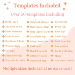 May include: A pink and white graphic lists over 50 templates, including invitations, milestone boards, photo banners, welcome signs, gift tags, water bottle labels, and more. Text reads "Templates Included" and "Multiple sizes included at no extra cost!"