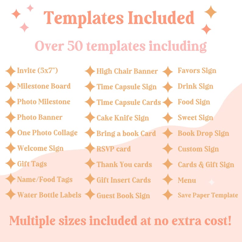 May include: A pink and white graphic lists over 50 templates, including invitations, milestone boards, photo banners, welcome signs, gift tags, water bottle labels, and more. Text reads "Templates Included" and "Multiple sizes included at no extra cost!"