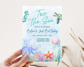 Two the Sea Birthday Invitation Template, Second Birthday Party Invite, 2nd Two The Sea Theme, Ocean Animals, Editable Digital Download