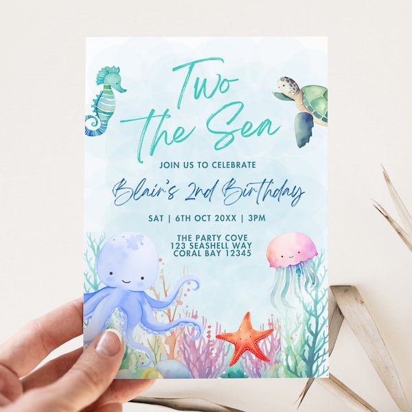 Two the Sea Birthday Invitation Template, Second Birthday Party Invite, 2nd Two The Sea Theme, Ocean Animals, Editable Digital Download