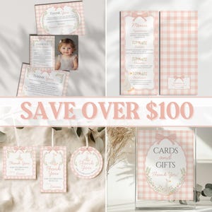 May include: A collection of pink and white gingham-patterned baby shower stationery. Includes thank you cards, a menu, gift tags, and a sign for cards and gifts. The text "Save Over $100" is also visible.
