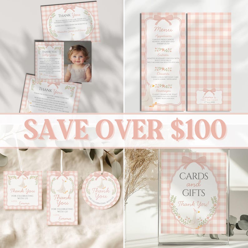 May include: A collection of pink and white gingham-patterned baby shower stationery. Includes thank you cards, a menu, gift tags, and a sign for cards and gifts. The text "Save Over $100" is also visible.