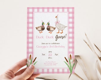 Pink Gingham Duck Duck Goose Birthday Party Invitation Template, Editable Invite, Girls Mallard Duck  Theme, Lucky Duck, Silly Goose