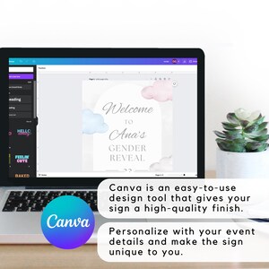 May include: A laptop displays a gender reveal sign design with the text "Welcome to Ana's Gender Reveal." The design includes watercolor clouds in pink and blue. The Canva logo is visible.
