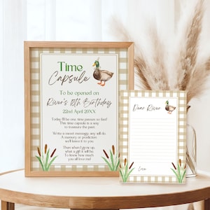 Letrero y tarjetas de cumpleaños de la cápsula del tiempo del pato de la suerte, fiesta de patos, plantilla editable, temática de caza del pato real, tarjetas con mensaje para invitados