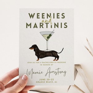 Dirty Martini Bachelorette Invitation Itinerary Template, Weenies and Tinis, Daschund Weiner Dog Theme, Weekend Hen Party, Editable Invite