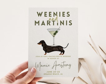 Dirty Martini Bachelorette Invitation Itinerary Template, Weenies and Tinis, Daschund Weiner Dog Theme, Weekend Hen Party, Editable Invite