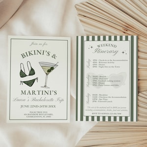 Martinis and Bikinis Bachelorette Invitation Itinerary Template, Kinis and Tinis Theme, Girls Weekend Trip, Hen Party, Editable Invite