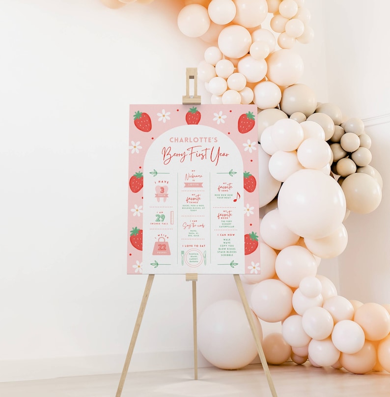 Pode incluir: Um cartaz de marcos do primeiro anivers&aacute;rio imprim&iacute;vel rosa e verde com um tema de morango. O cartaz apresenta o nome Charlotte e o texto "Berry First Year". O cartaz inclui detalhes sobre o primeiro ano de Charlotte, como sua idade, peso, altura, alimentos favoritos e m&uacute;sicas favoritas.