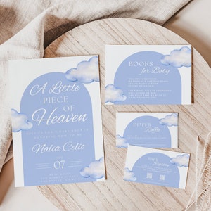 Blaues kleines Stück des Himmels Babyparty-Bundle, bearbeitbare Einladungsvorlage, Wolkenthema, Bücher für Baby, Windelraffle, Antwortkarten, Karteneinsätze