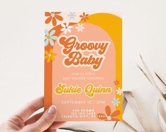 Groovy Baby Shower Invite Template, Vintage 70s Theme Sprinkle, Retro Flower Power Invitation, Gender Neutral, Editable Digital Download