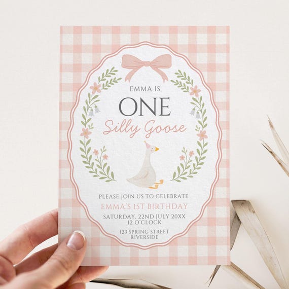 One Silly Goose First Birthday Invitation, Editable Template, Pink Gingham Goose Party Invite, Vintage Floral Bow Theme, Girl 1st Birthday