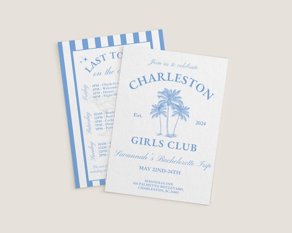 Charleston Coastal  Bachelorette Invitation Itinerary, Last Toast On The Coast Theme, Blue Girls Weekend Trip, Editable DIY Hen Party Invite