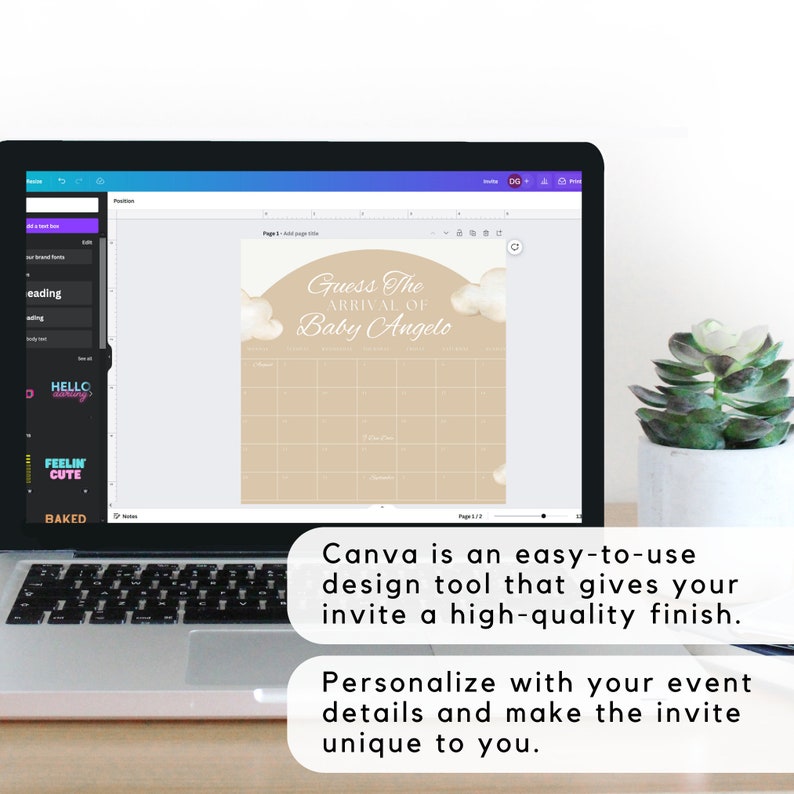 K&ouml;nnte beinhalten: Ein Computerbildschirm zeigt eine Canva-Designvorlage f&uuml;r ein Babyparty-Spiel. Die Vorlage hat einen hellbraunen Hintergrund mit einem wei&szlig;en Wolkenmuster und den Text "Erraten Sie die Ankunft von Baby Angelo".