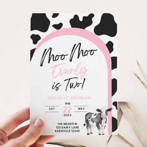 Cow Second Birthday Invitation Template, Moo Moo I&#39;m Two, Girls Pink Cow 2nd Party, Editable Invite, Farm Barnyard Theme, Holy Cow I&#39;m Two