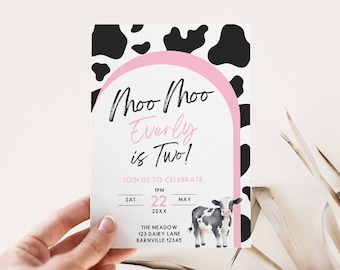 Modèle d'Invitation pour le deuxième anniversaire de la vache, meuh meuh j'ai deux ans, 2e fête de vache rose pour filles, invitation modifiable, thème de la basse-cour de la ferme, vache sacrée, j'ai deux ans