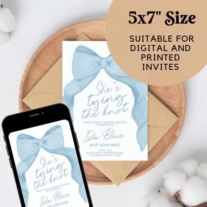 She's Tying the Knot Bridal Shower Invitation Template, Coquette Blue