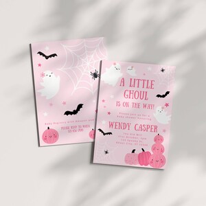 Mall för pastellrosa spökinbjudan till babyshower, ett litet spöke är på väg, Halloweeninbjudan, flickaströssel, redigerbar digital nedladdning bild 2