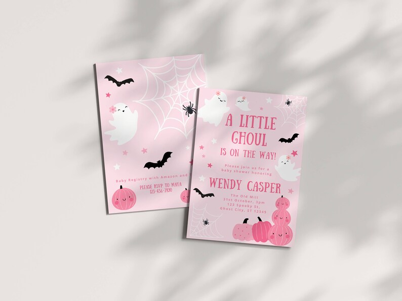Mall för pastellrosa spökinbjudan till babyshower, ett litet spöke är på väg, Halloweeninbjudan, flickaströssel, redigerbar digital nedladdning bild 2