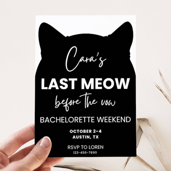 Last Meow Before the Vow Bachelorette Invitation and Itinerary Template, Cat Invite, Getting Meowied Hen Party,  Editable Digital Download