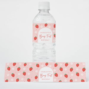 Etichetta per bottiglia d'acqua per il primo compleanno a tema fragole, bomboniera a tema fragole, decorazioni personalizzate per feste, modello modificabile, wrap per bevande, Berry Sweet One immagine 2