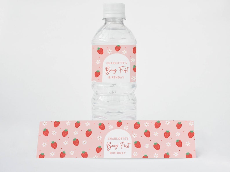 Etichetta per bottiglia d'acqua per il primo compleanno a tema fragole, bomboniera a tema fragole, decorazioni personalizzate per feste, modello modificabile, wrap per bevande, Berry Sweet One immagine 2