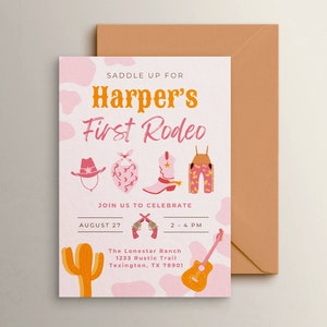 Pink First Rodeo Birthday Invitation, Girls 1st Party Invite, Cowgirl Theme, Wild West Country Party, Editable Template, Digital Download