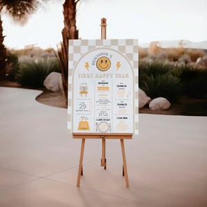 May include: A yellow and white first birthday sign with a checkered background. The sign says "Benjamin's First Happy Year" and includes details about the child's first year, such as their favorite song, book, and food.