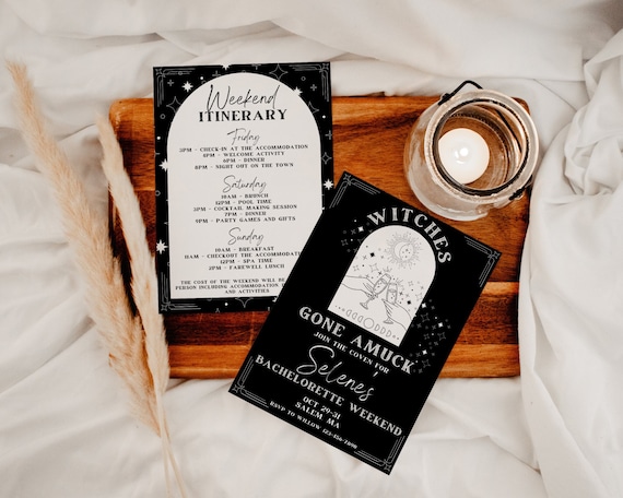 Witch Bachelorette Invitation Itinerary Template, Witches Gone Amuck Bach, Spooky Hen Weekend, DIY Party Invite, Editable Digital Download