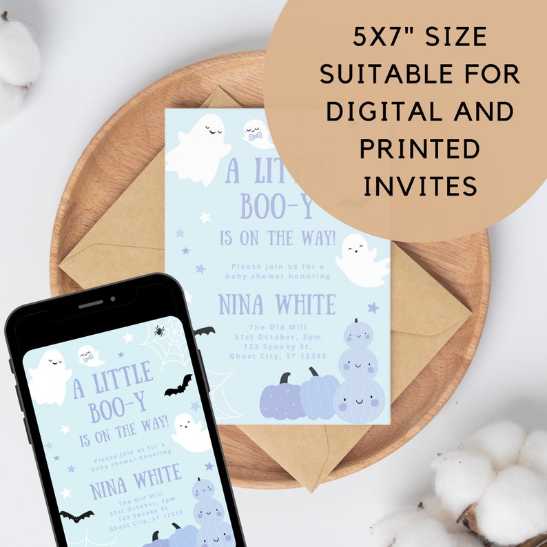 Pastel Blue Ghost Baby Shower Invitation Template, A Little Boo-y is on the Way, Halloween Invite, Boy Sprinkle, Editable Digital Download image 6