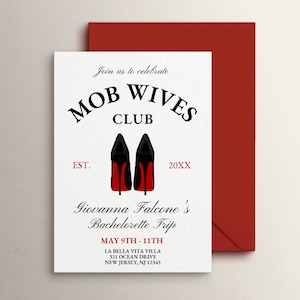 Itinerário de convites para despedida de solteira do Mob Wives Club, estética Mob Wife, despedida de solteira com tema da máfia, viagem de fim de semana para garotas em Nova Jersey, convite editável