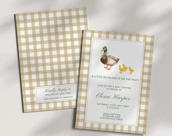 May include: Baby shower invitation featuring a watercolor illustration of a duck and ducklings. The invitation has a tan and white gingham pattern and includes the text "A Little Duckling is on the Way!" and event details.