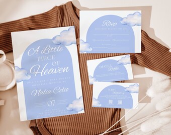 May include: A baby shower invitation with a blue and white watercolor cloud design. The invitation reads "A Little Piece of Heaven" and includes the name "Nalia Celio" and the date "07".