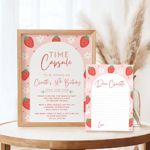 Beere Erster Geburtstag Zeitkapsel Schild und Karten, Erdbeer-Party-Andenken, bearbeitbare Vorlage, Beere Sweet One-Thema, Gastbotschaftskarten