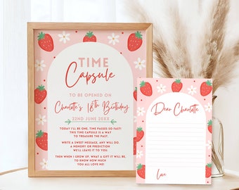 Berry First Birthday Time Capsule Sign and Cards, Strawberry Party Keepsake, Editable Template, Berry Sweet One Theme, Guest Message Cards